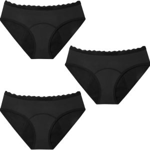 Pack of 3 Period Underwear Heavy Bleeding Cotton Menstrual Underwear Leak-proof Menstruation Underwear Briefs, black, Large