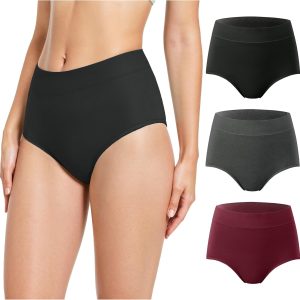 Period Underwear Heavy Bleeding High Waist Period Briefs Soft Menstrual Underwear, Black/Grey/Burgundy, 36